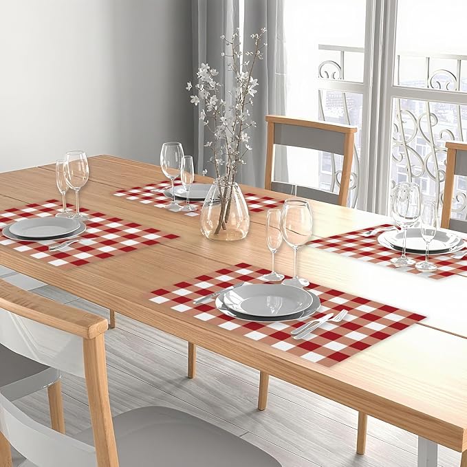 Red and White Check Plaid Placemats Set of 4, Washable Heat Resistant Placemats - Image 5