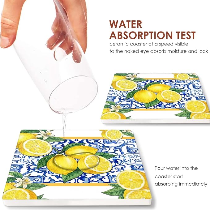 Lemon Yellow Coasters for Drinks, Ceramic Stone | Blue Fruit Tile Absorbent - Image 4