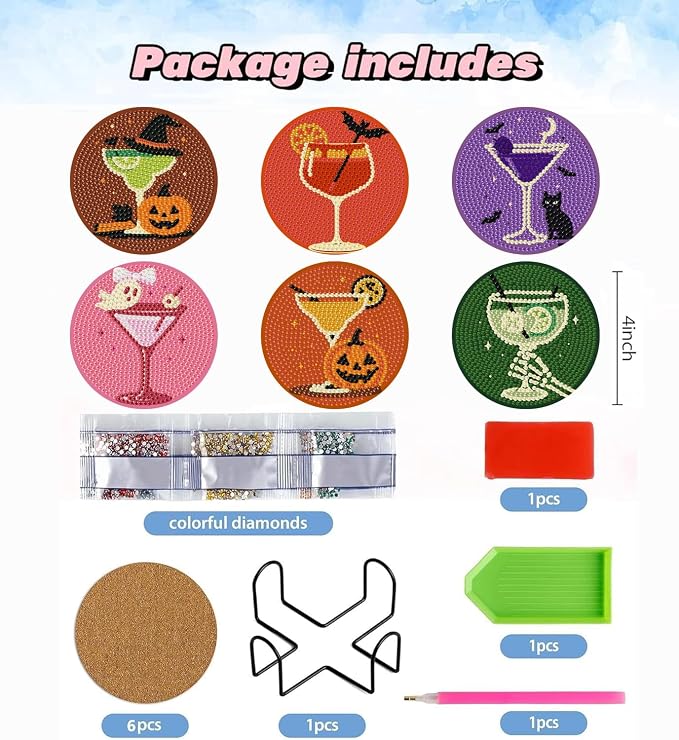 Ekuxom 6 Pcs Halloween Cocktail Diamond Art Coasters Kits - Image 3