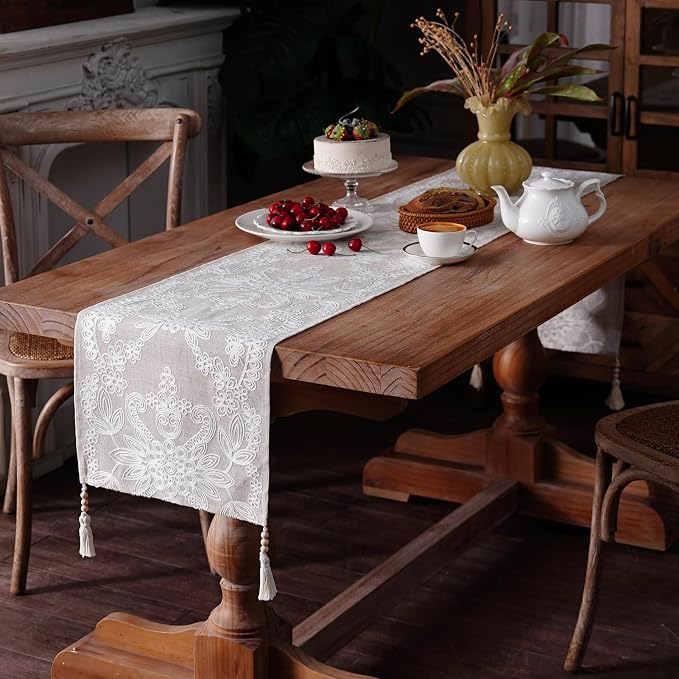 Embroidered Table Runner Boho Farmhouse Dresser Scarf, 4 Tassel Pendants - Image 2