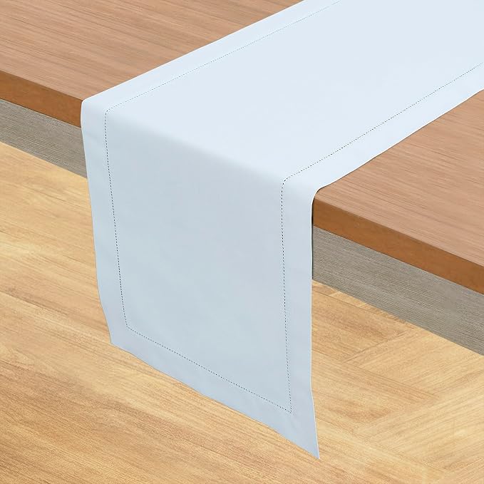 Solino Home Cotton Linen Table Runner Light Blue Hemstitch, 14 x 108 in | - Image 2