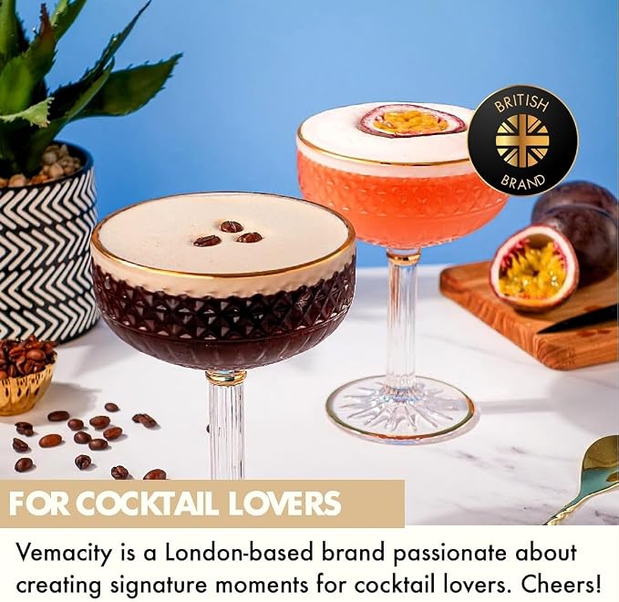 VEMACITY - Embossed Espresso Martini Glasses Set of 2 - Gold Rim Coupe Glasses - Image 2