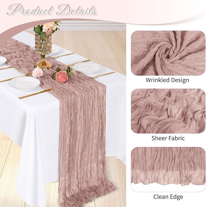 3 Pack Dusty Pink Cheesecloth Table Runner, 17 x 108 inch, Semi Sheer Boho - Image 4