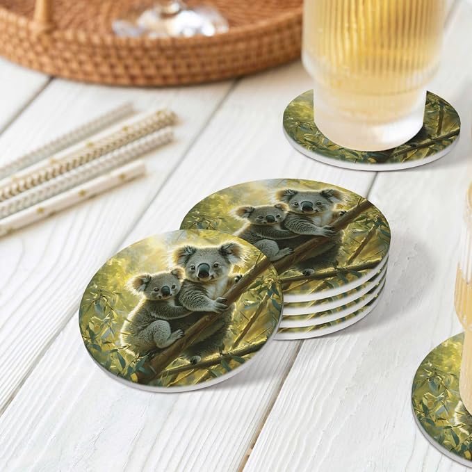 Koala Leaves Pattern Coasters for Drinks Absorbent Round Ceramic Coasters Set - Image 7