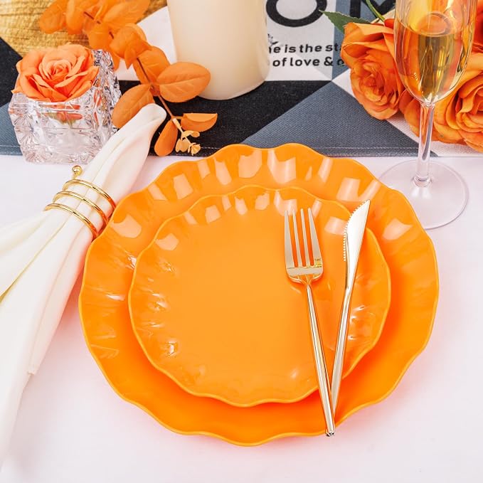 LIYH 24Pcs Orange Plastic Plates Reusable, Dinner And Salad Set - Image 4