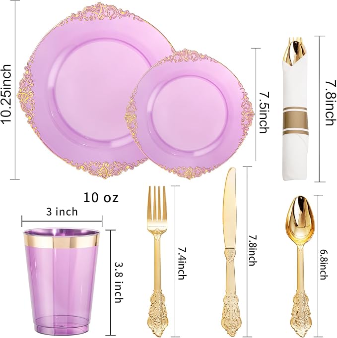 210 Pcs Purple Gold Plates for Party | Purple Party Plates Set for 30 Guests - Image 6