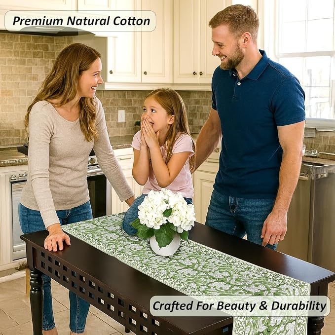 Sage Green Hand Block Print 100% Cotton Table Runner 16x106 Inch | Perfect - Image 5