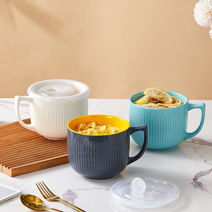 Ceramic Soup Bowl with Handle & Lid, 32oz Microwave Ramen Bowl Set of 2 | Blue - Image 8