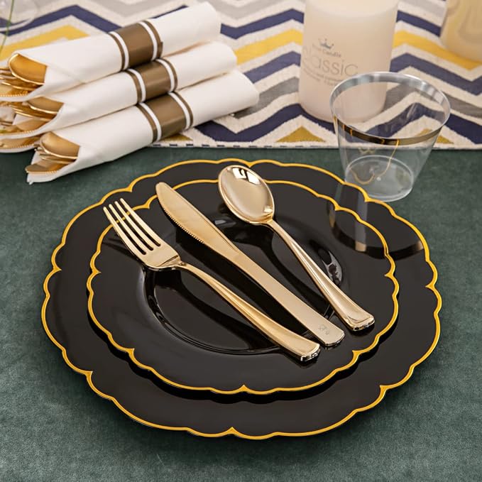 Morejoy 175PCS Black and Gold Plastic Plates, 25 Dessert Plates, 25 9oz Cups - Image 3