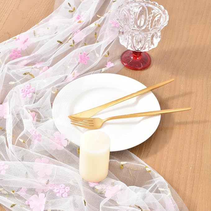 Wildflower Floral Sheer Tulle Gauze Table Runner Wedding Baby Shower Decor | - Image 3