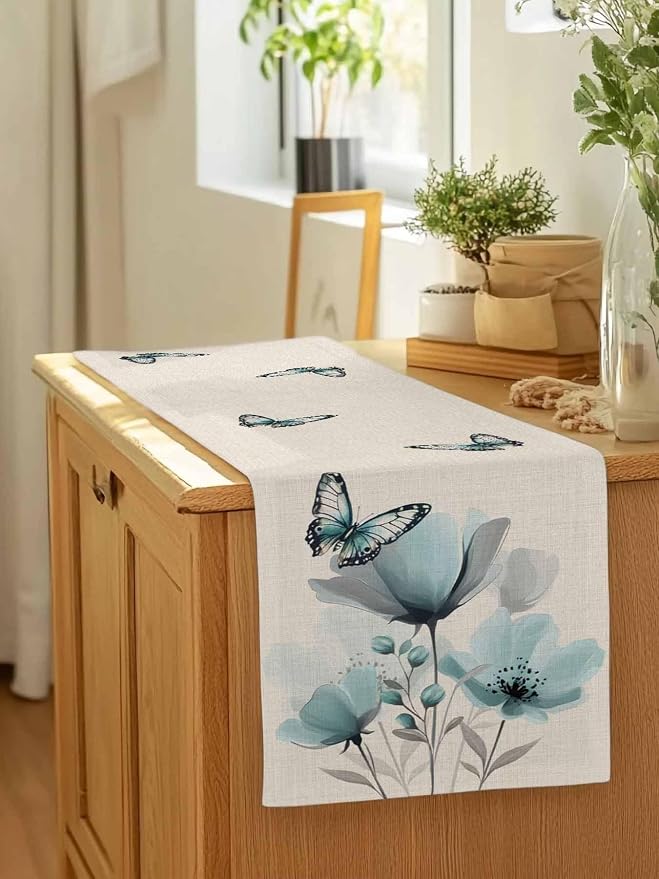 Turquoise Floral Table Runners 72 Inches Long, Spring Flowers Butterfly Table - Image 7