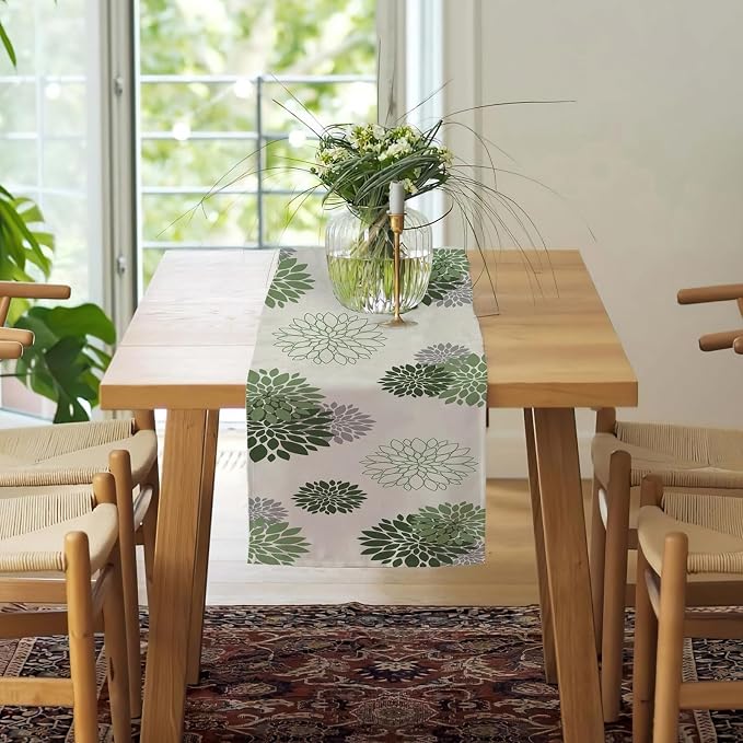 Sage Green Gray Table Runner Dahlia Pinnata Flower Beige Table Runners Modern - Image 3