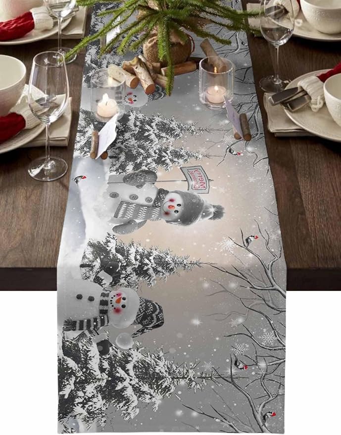 Christmas Snowman Short Table Runners 36 Inches, Cotton Linen Fabric Snowflake by Edwiinsa
