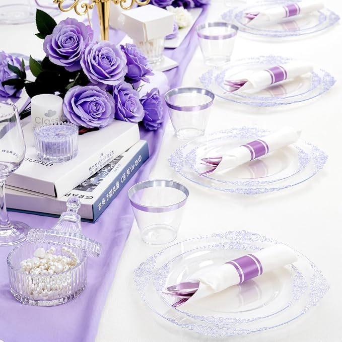 175 Pcs Clear Purple Plates for Party | Party Plates Set for 25 Guests - Image 4