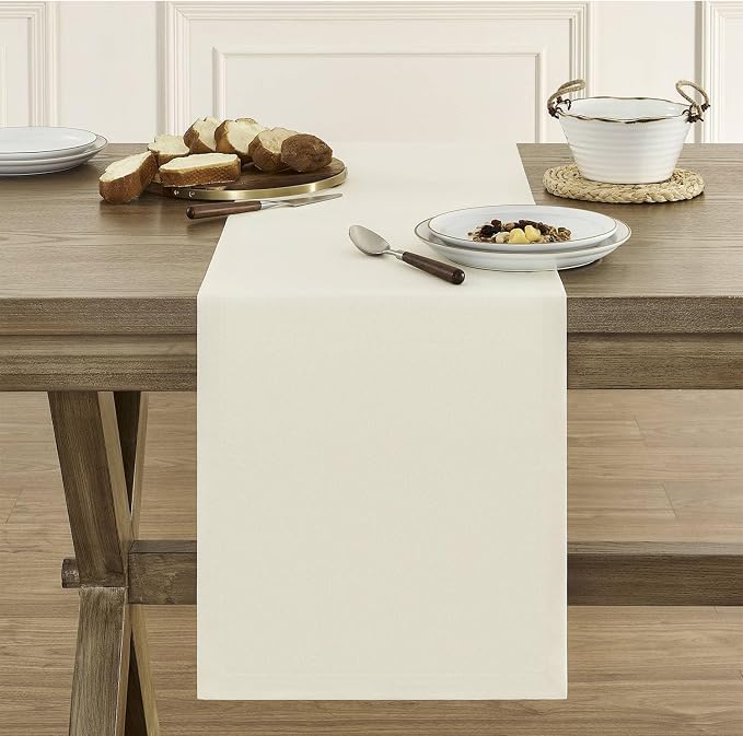 Basic Linen Style Table Runner, 14x36 Inch Ivory | Mitered Corner Design - Image 2