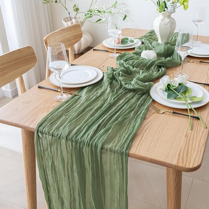 Cheesecloth Table Runner 10FT 12Pcs Sage Green Boho Gauze Sheer Runners | - Image 7