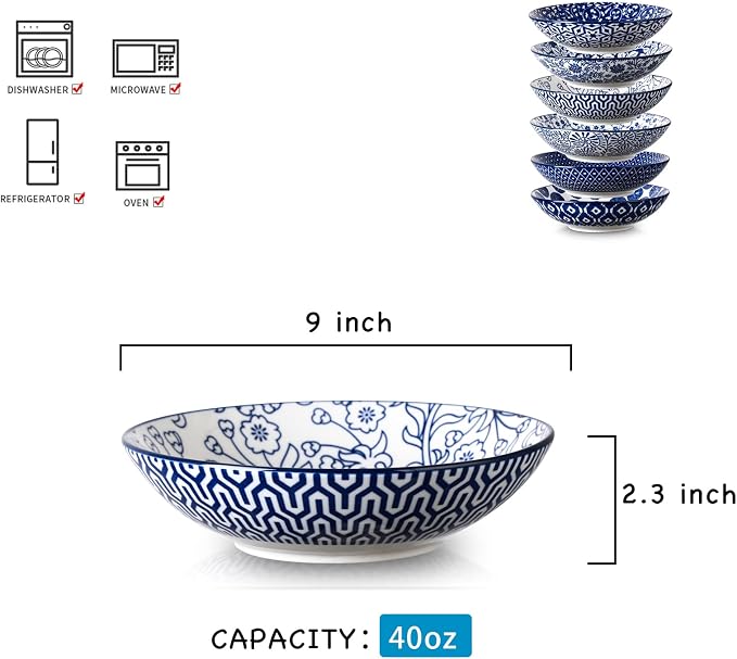 Selamica Porcelain 40oz Large Bowls 9 inch Big Pasta Salad Bowls, Microwave and - Image 2