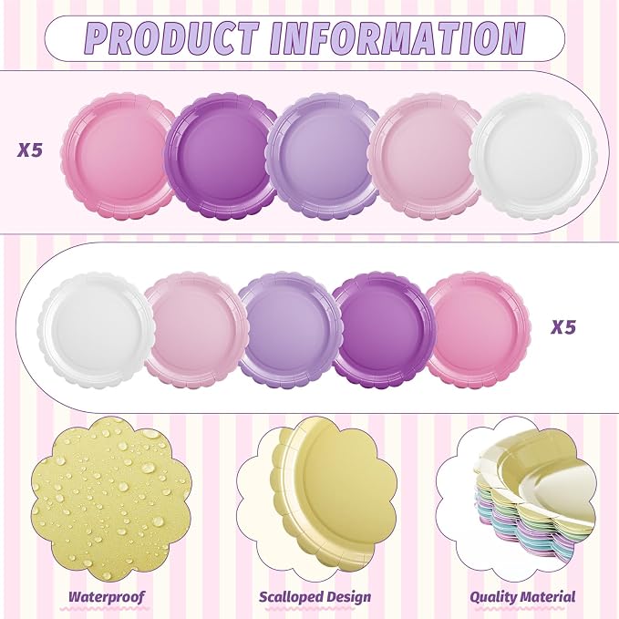 110 Pcs Pink Purple Plates and Napkins Tableware Set Serve 25 Guests Includes - Image 3
