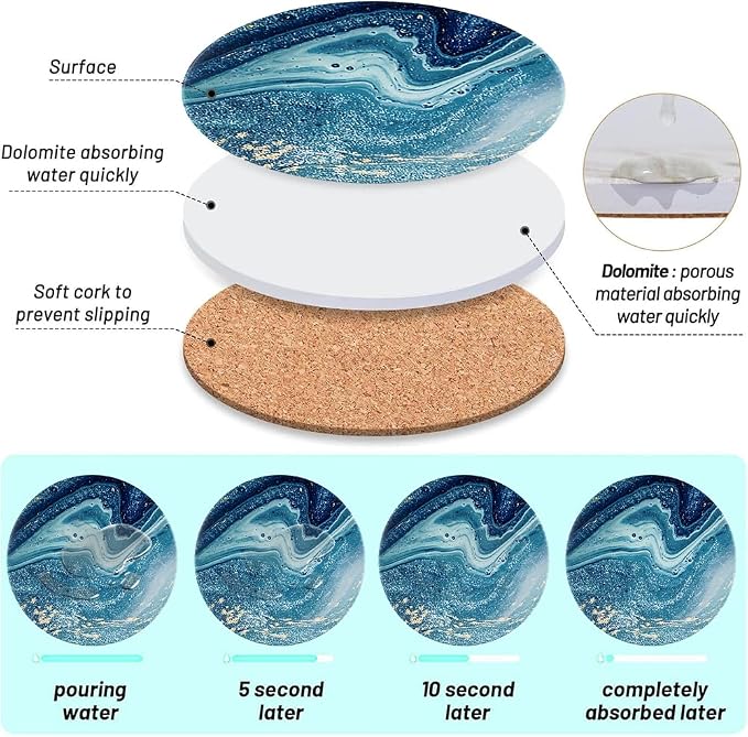 Ceramic Coasters Set of 6, Marble-Textured Design - Image 3