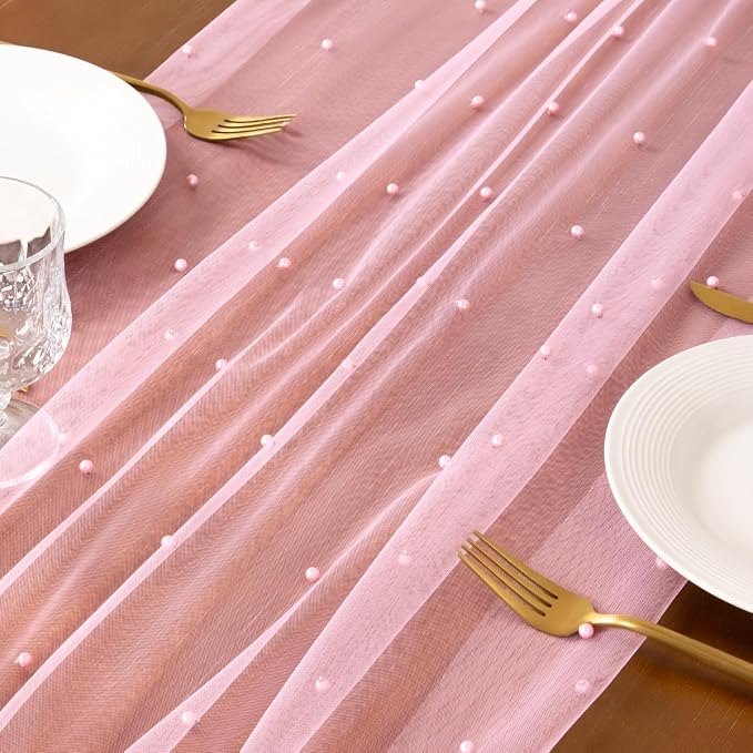 Pearl Table Runner Summer Tulle Gauze Sheer Wedding Party Home Decor | Pink - Image 2