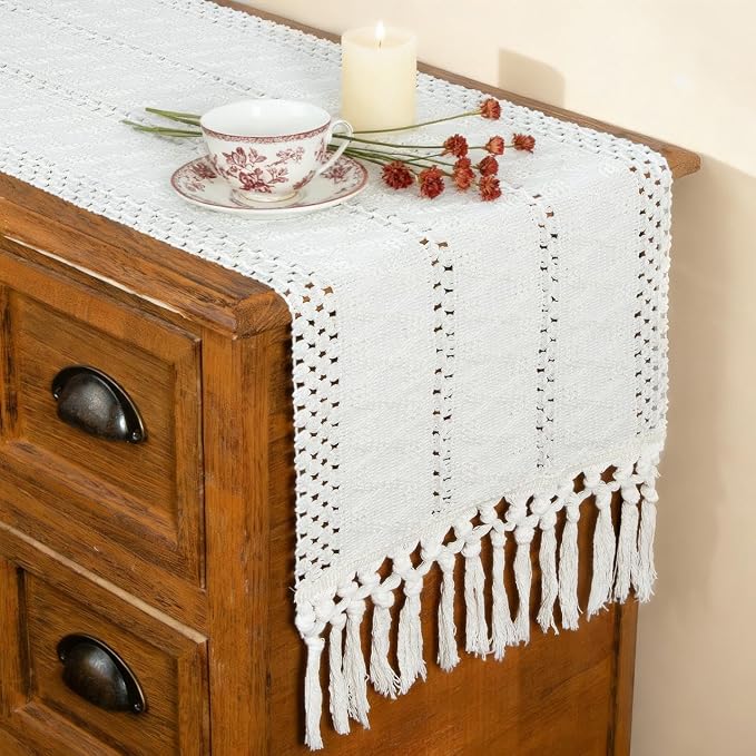 Boho Table Runner with Tassels White by FEXIA