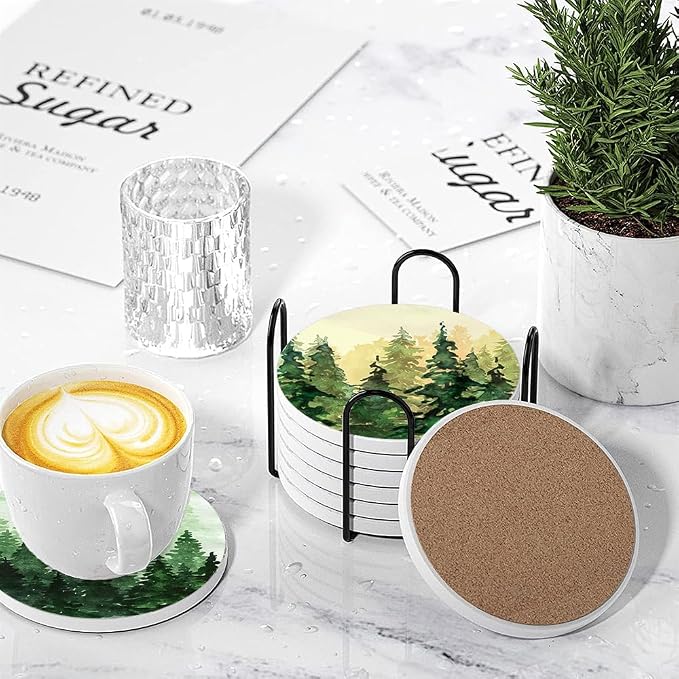Drink Coasters for Drinks Set of 6, Watercolor Landscape Pine Forest Absorbent - Image 4