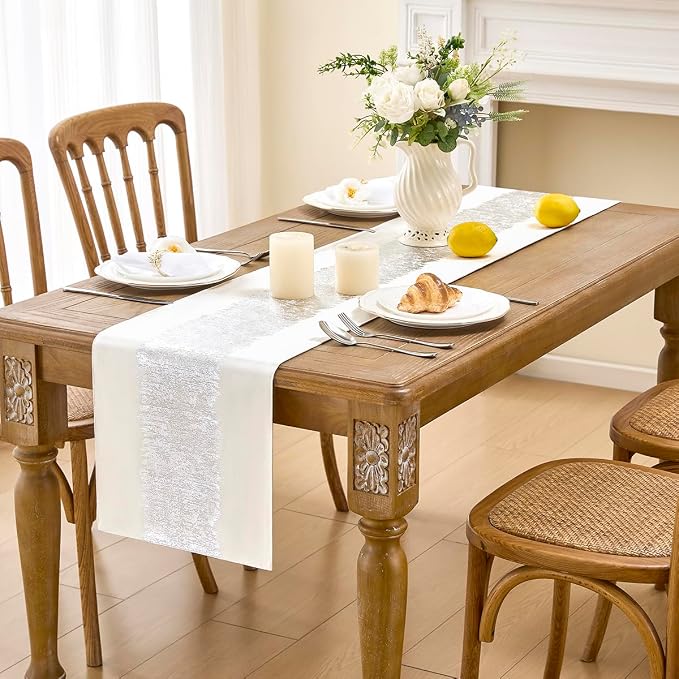Metallic Style Silver Table Runner, Table Runners 60 Inches Long | Cotton Linen - Image 2
