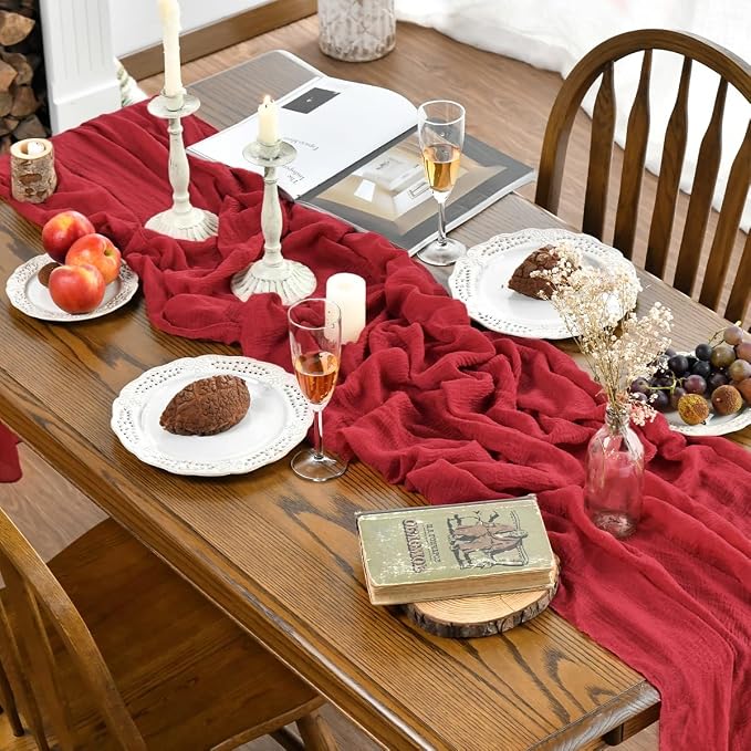 Artoid Mode Boho Gauze Red 3 Pieces Wedding Table Runner, 120 Inch Cheesecloth - Image 2