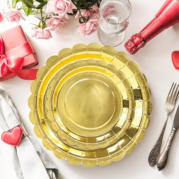 50 Pcs Gold Scalloped Paper Plates 25 × 7'' and 25 × 9'' Disposable Gold - Image 2