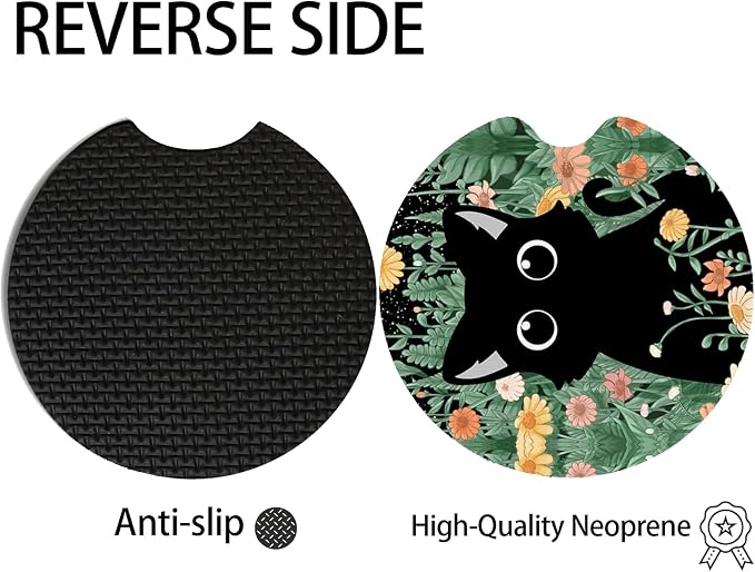 2pcs Cute Black Cat Car Coasters, Absorbent Universal neoprener Cup Holder - Image 4