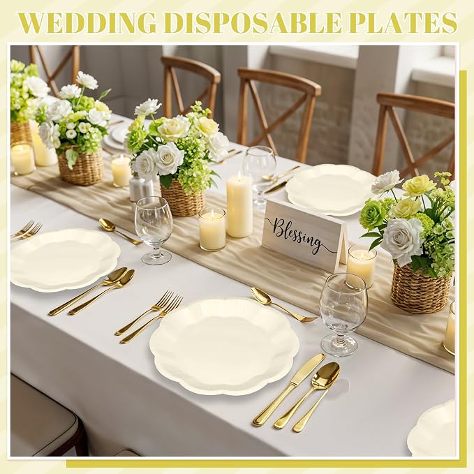 NatNarr 30pcs Ivory Paper Plates 9 In Scalloped Cream Paper Plates Disposable - Image 7