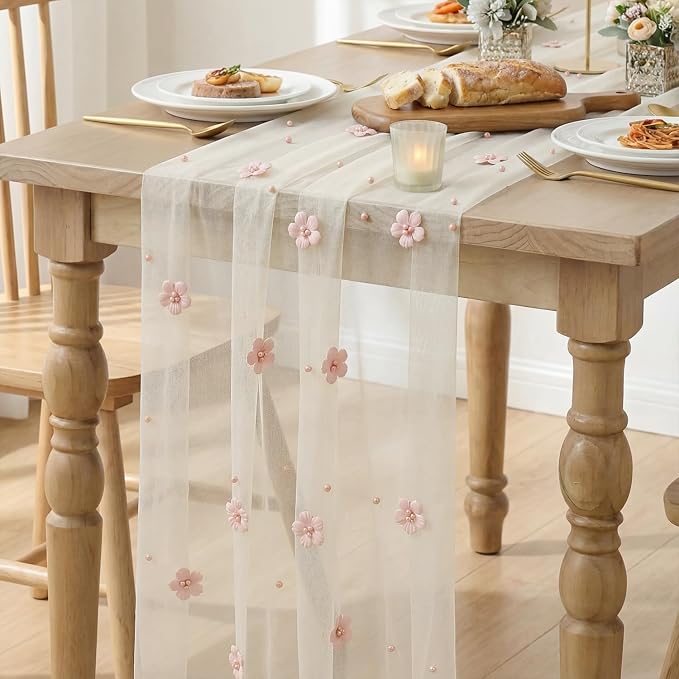 Artoid Mode Pink Flower Pearl White Gauze Table Runner 10FT 6PC, Seasonal Sheer - Image 6