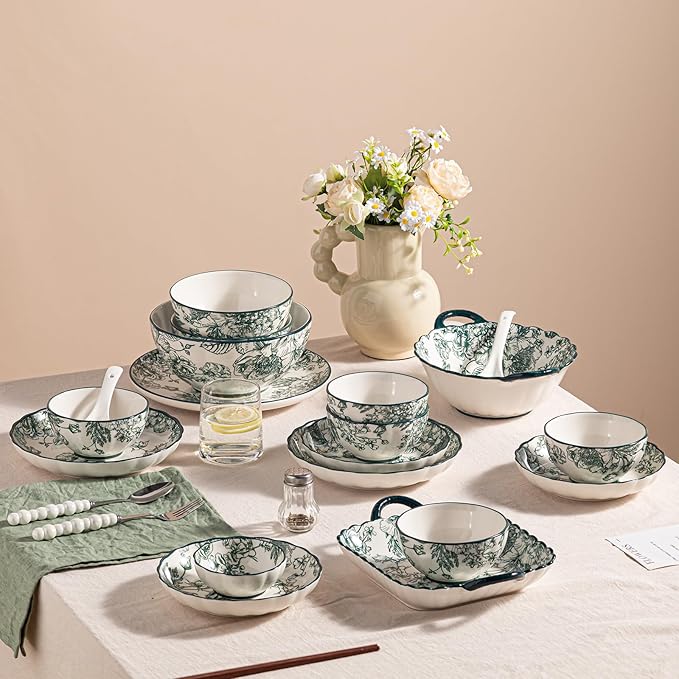 Ceramic Dinnerware Set, Floral Plates and Bowls Sets, Microwave & Dishwasher - Image 6