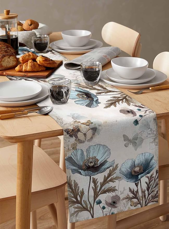 Vintage Tulip Flowers Table Runners 120 Inches Long, Cotton Linen Fabric Table - Image 3