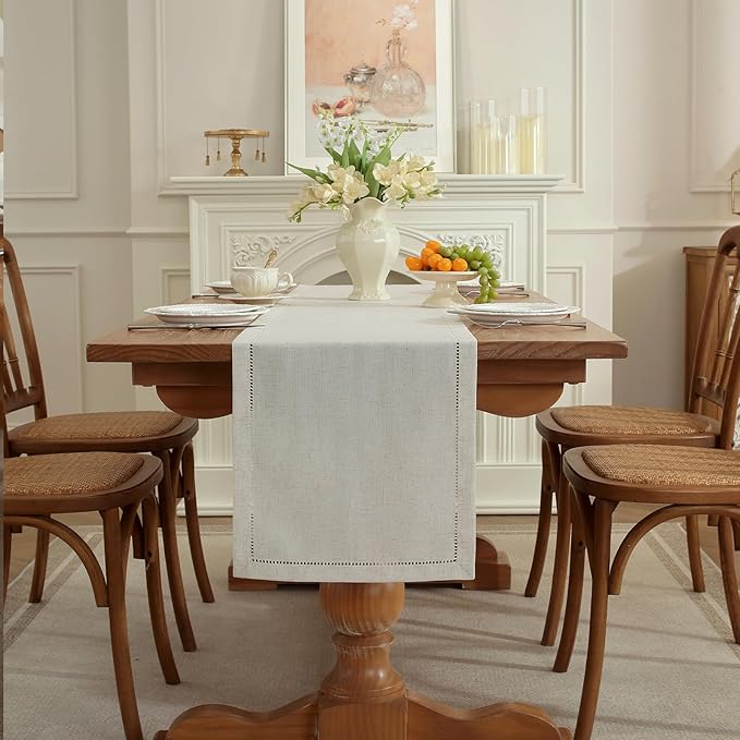 Light Natural Handmade Hemstitched Linen Blend Table Runner - Image 5