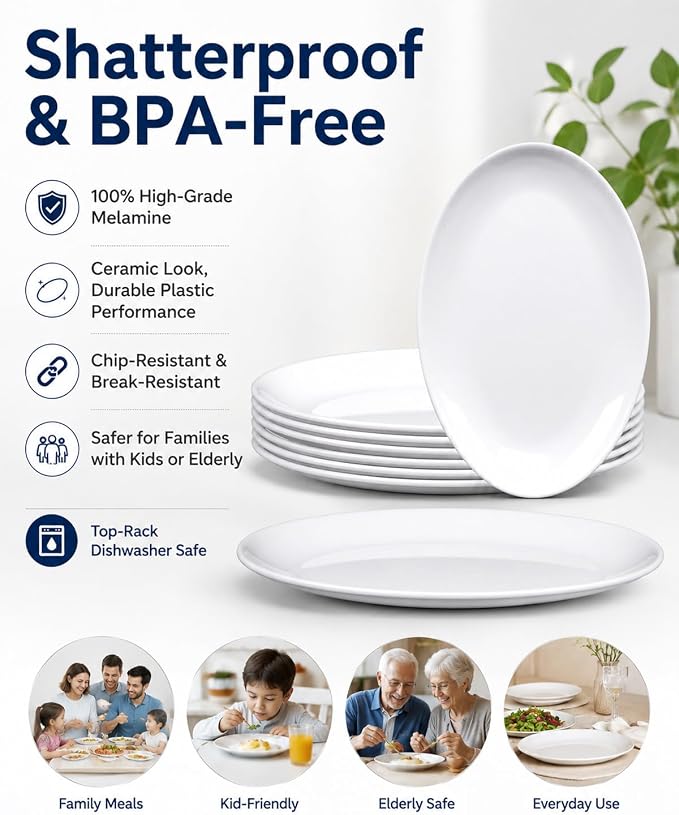8-Pack Melamine Dinner Plates, 12 Inch Large Oval Serving Platters - Image 6
