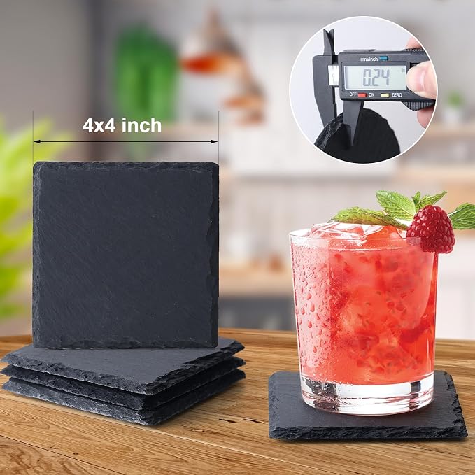 12 PCS Slate Coasters Set, 4 Inch Black Square Stone Coasters Bulk, Laser - Image 2