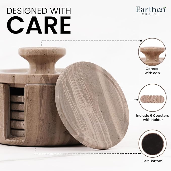Marble Coasters Set of 6 with Holder 3.5" Inches Natural Brown Stone Round - Image 6