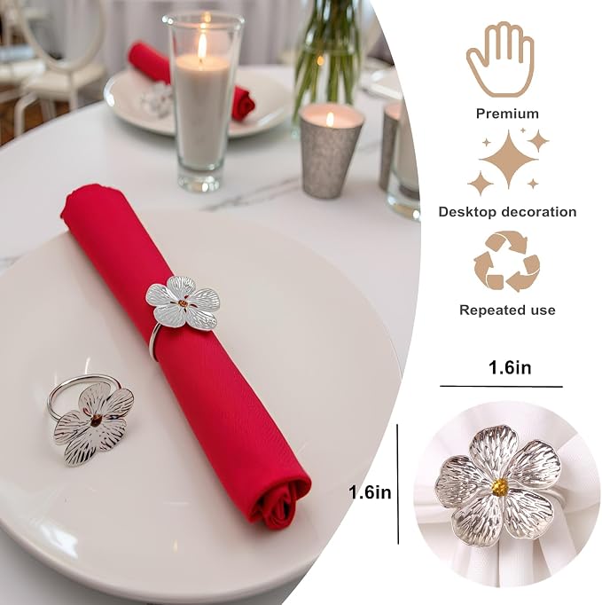 12pcs Silver Plum Blossom Napkin Rings, Elegant Flower Napkin Ring Silver Holder - Image 3