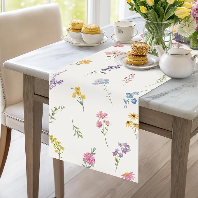 Bonhause Spring Floral Leaves Table Runner 13x72 Inch Colorful Wildflowers - Image 3
