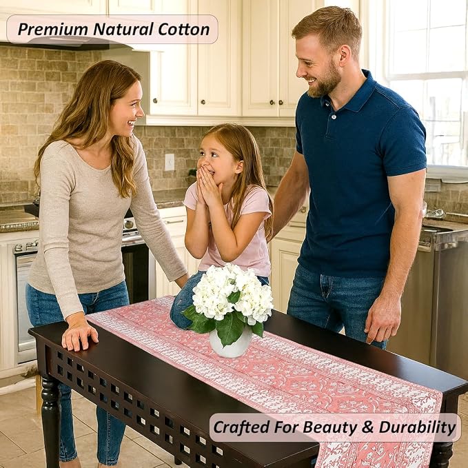 Sweet Pink Hand Block Print 100% Cotton Reusable Table Runner 16" X 90" Inches - Image 2