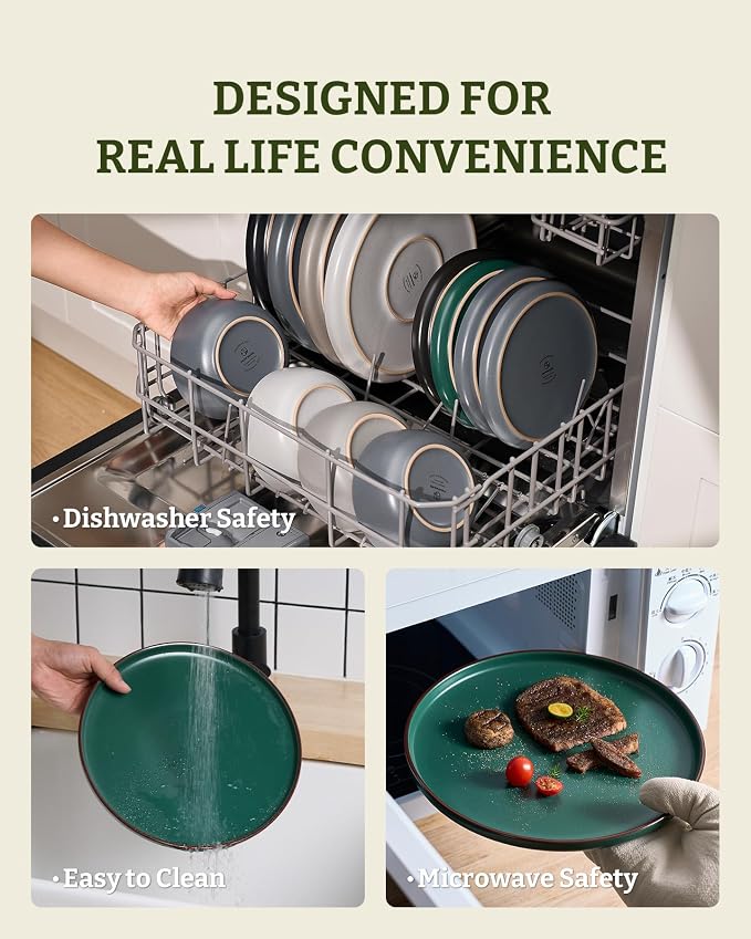 Famiware Mercury 16-Piece Stoneware Plates and Bowls, Dark Green | Dinnerware - Image 8