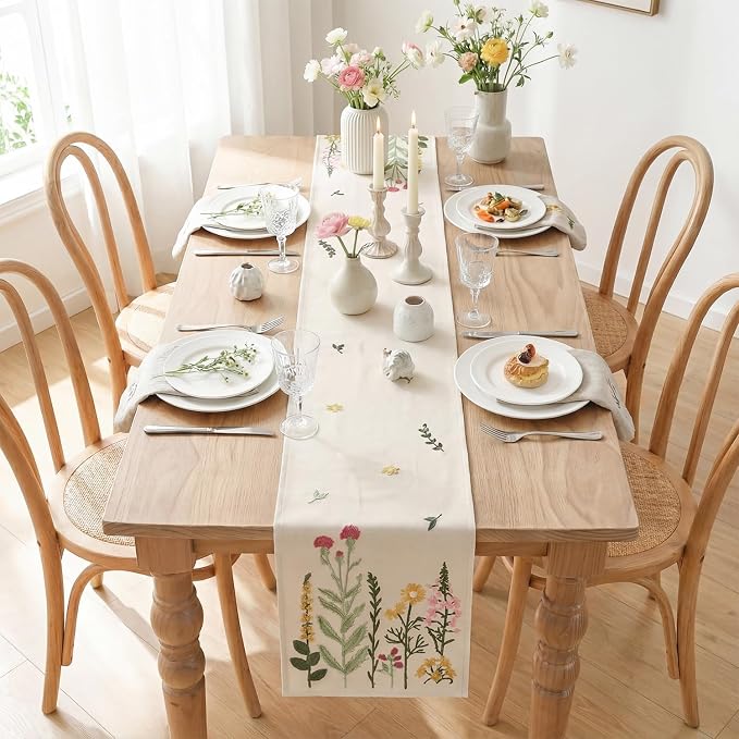 Artoid Mode Beige Soft Chain Embroidery Wild Floral Spring Table Runner - Image 6