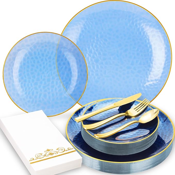 150 Pcs Blue Plastic Dinnerware Set, Disposable Plates by BONSINY
