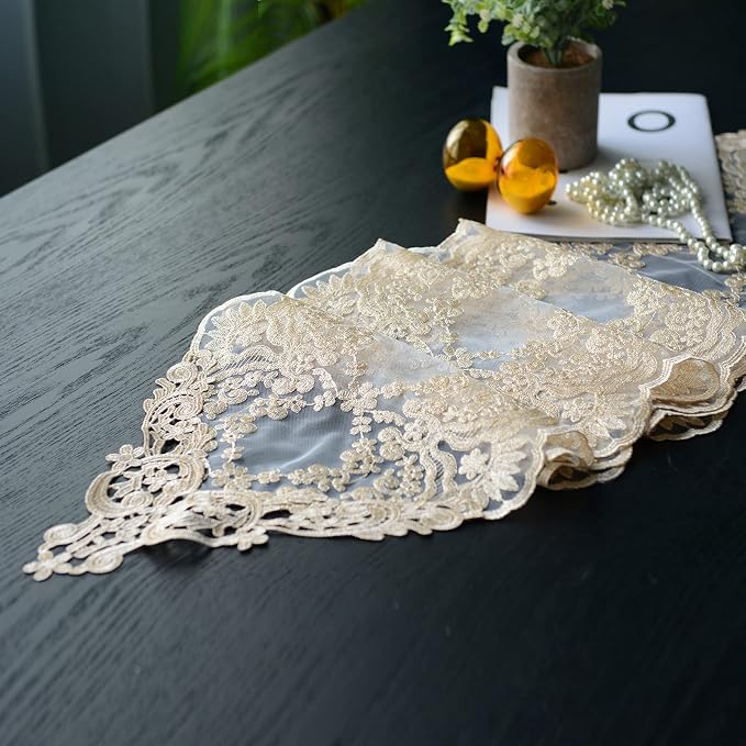 SUTAVIA Lace Table Runner 12"×48" Gold Embroidered Dresser Scarf | Classic - Image 2