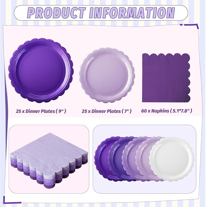 110 Pcs Purple Plates and Napkins Tableware Set Serve 25 Guests Includes - Image 2