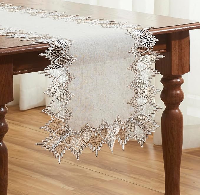 Natural Linen Table Runner 108 inches Beige Lace Coffee Table Runner | French - Image 3