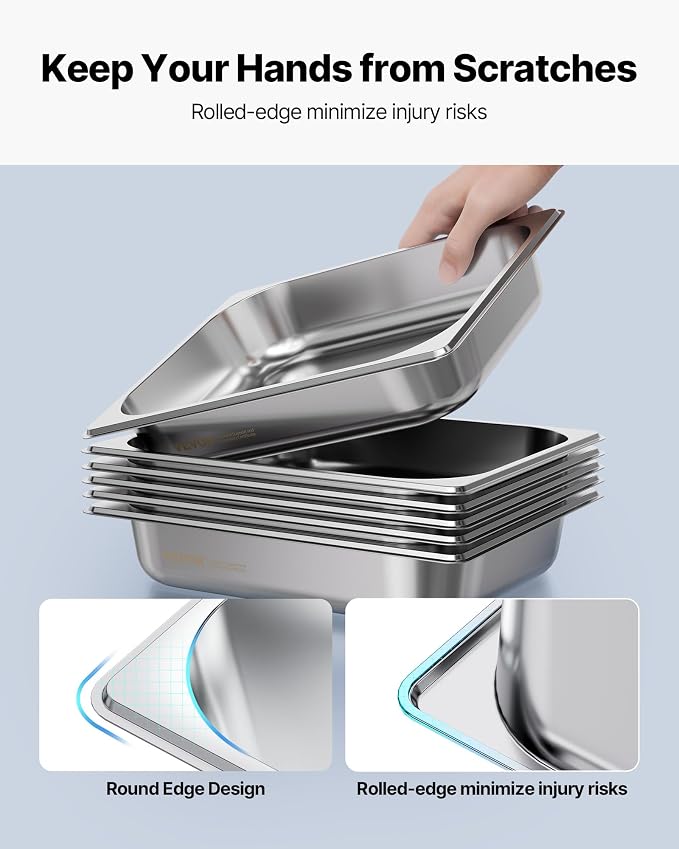 VEVOR 4 Pack Stainless Steam Hotel Pan, 1/2 Size Table Steam Pan, 2.5 Inch Deep - Image 5
