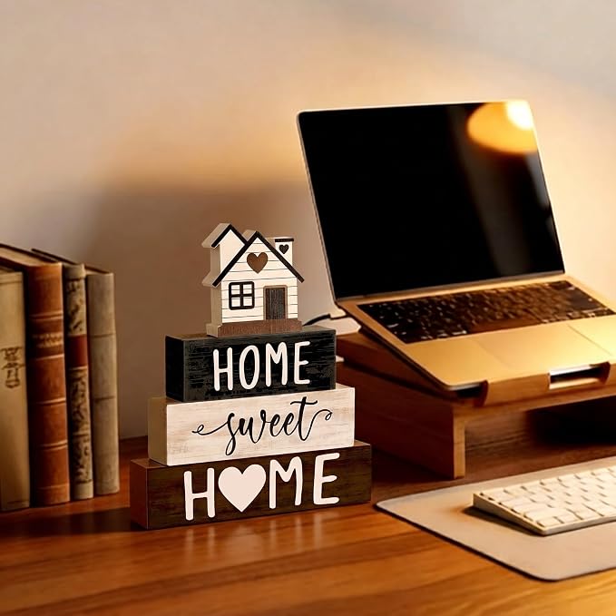 Cinnvoice 4 Pcs Woodhouse Wooden Block Decor Farmhouse Tiered Tray Signs Home - Image 5