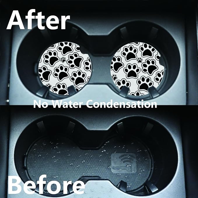 2pcs Black Dog Paw Print Car Coasters, Absorbent Universal neoprener Cup Holder - Image 5